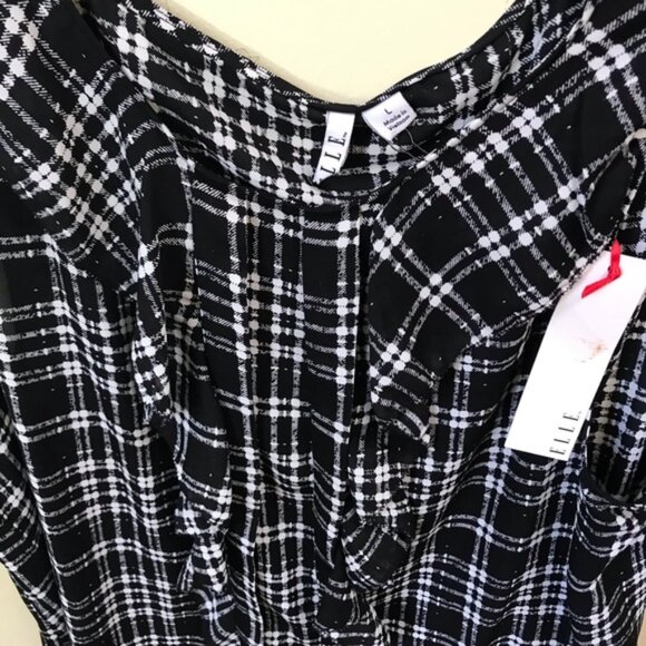 Elle NEW Check Cascade Ruffle Blouse Top Lightweight Shirt Sheer Flowy Crew L - Picture 4 of 12
